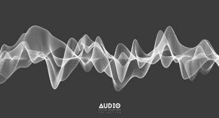 3d audio soundwave. White music pulse oscillation. Glowing impulse pattern - obrazy, fototapety, plakaty
