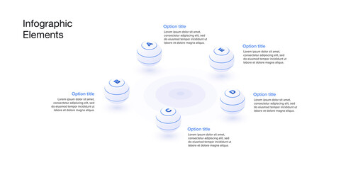 Business process chart infographics with 5 step spheres. Spherical corporate workflow graphic elements. Company flowchart presentation slide. Vector info graphic in isometric design.