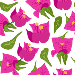 cute hand drawn beautiful abstract seamless vector pattern background illustration with pink bougainvillea and green leaves
