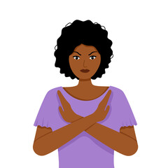 African woman refuse or reject hand gesturing in flat design on white background. No means no concept.