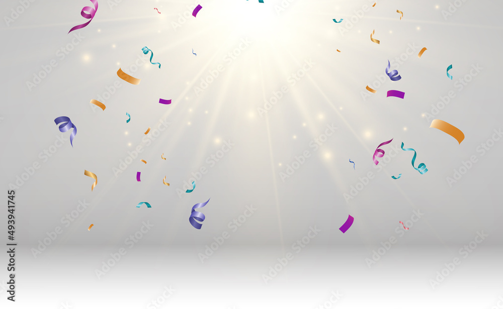 Poster Lots of colorful tiny confetti and ribbons on transparent background. Festive event and party. Multicolor background.Colorful bright confetti isolated on transparent background	