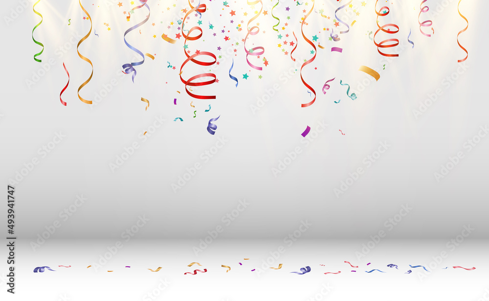 Poster Lots of colorful tiny confetti and ribbons on transparent background. Festive event and party. Multicolor background.Colorful bright confetti isolated on transparent background	