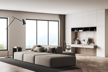 Corner view on bright living workspace room interior with desktop