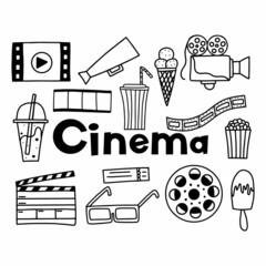  Doodle set of cinema elements. Set of abstract isolated design elements. Hand drawn vector black and white illustration.