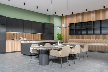 Dark kitchen and dining room interior with dining table