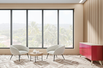 Side view on bright living room interior with panoramic window