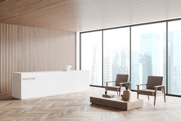 Corner view on bright office reception interior with panoramic window