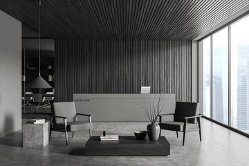 Front view on dark office reception interior with panoramic window