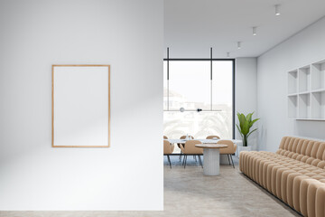 Bright living room interior with empty white poster, panoramic window