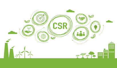 Naklejka na ściany i meble CSR Banner web icon for business and organization, Corporate social responsibility and giving back to the community on green sky with green city.