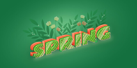 Napis "SPRING" na zielonym tle. Wiosenny napis na tle liści i kwiatów. Tekst w stylu 3D.