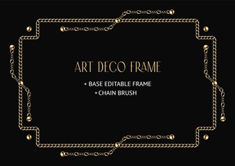 Art deco geometric frame made of golden chain and beads. Chain brush, base editable frame included. Vintage old antique elegant vector design with copy space.