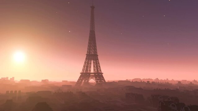 Eiffel Tower Paris city, sunset aerial view animation