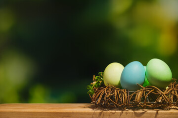 Easter eggs outdoors. Copy space.