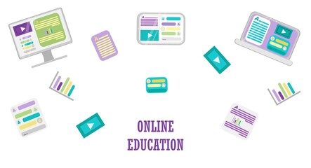Banner with vector elements of gadgets for online training and courses, digital classroom, webinar. Computer monitor, tablet and laptop, infographics. To use advertising, background, stickers.