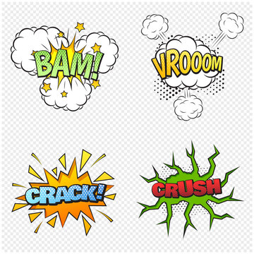 Comic collection colored sound effects pop art vector style. Set comic bubble speech word comic cartoon expression illustration.