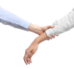 Hands of women on white background