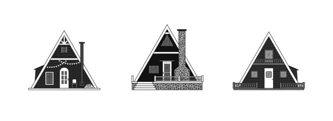 Set of black and white triangular cabins. Icons of modern tiny houses isolated on white background.