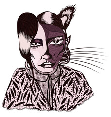 Monochrome sepia vector portrait of sad werewolf, semi-girl, semi-wolf.