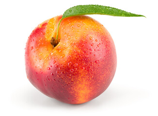 nectarine with green leaf isolated on a white background. clipping path