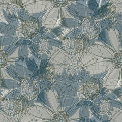 Cottage garden flower seamless vector pattern background. Modern floral line art design with hand drawn flowers painterly blended backdrop. Neutral blue grey farmhouse garden botanical repeat f