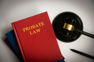 Top view of probate law book with gavel on white background.