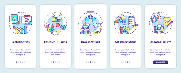 Hiring PR firm onboarding mobile app screen. Choose agency walkthrough 5 steps graphic instructions pages with linear concepts. UI, UX, GUI template. Myriad Pro-Bold, Regular fonts used
