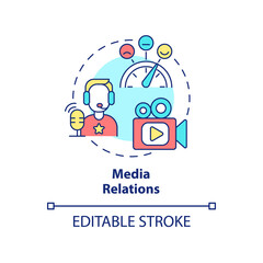 Media relations concept icon. Promoting organization mission. PR service abstract idea thin line illustration. Isolated outline drawing. Editable stroke. Arial, Myriad Pro-Bold fonts used