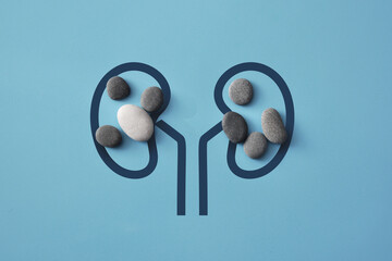 Stones on the silhouette of the kidneys. A symbol of kidney disease. Kidney stones