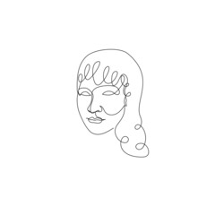 Female face single line drawing. Portrait of young beautiful girl line art.