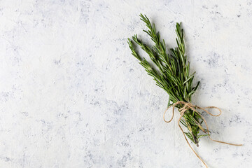 Bunch of green fresh rosemary on the light white background. Herbs and spices for recipes.