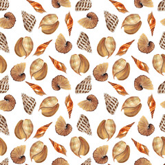 Seamless shell pattern, watercolor seashell background, Beautiful beach wallpaper, Nautical fabric print, Holiday ornament