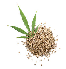 Heap of hemp seeds on white background