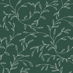 Fototapeta premium Nature green background vector. Floral pattern. light green curly branches with leaves on a dark background