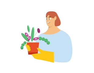 Woman holding plant pot, wearing gloves for garden work. Flat vector illustration, springtime
