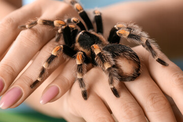 Woman with scary tarantula spider, closeup