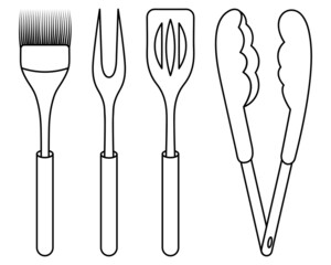 A set of barbecue tools. Sketch. Meat fork with two prongs, spatula, tongs and silicone brush. Vector illustration. Coloring. Tools for turning, moving, removing and greasing grilled food. 