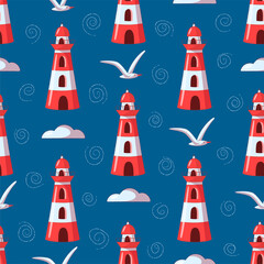 Seamless pattern with lighthouses, seagulls and clouds on blue background.