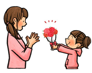 母の日　お母さんにカーネーションの花束をプレゼントする子供