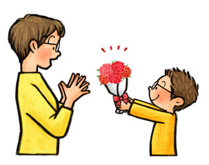 母の日　お母さんにカーネーションの花束をプレゼントする子供