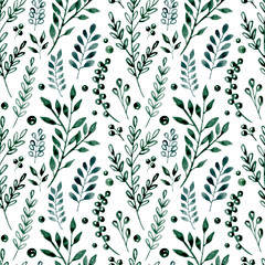 Watercolor hand painted seamless pattern with wild plants