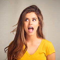 Happiness is confidently being weird. Closeup of an expressive young woman against a grey background.