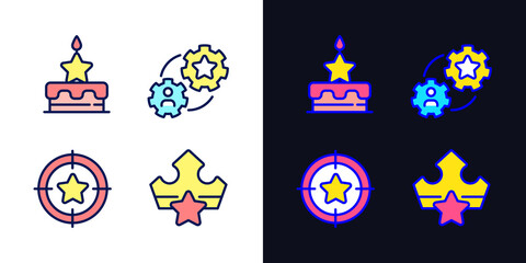 Rewarding loyal customers pixel perfect light and dark theme color icons set. Birthday bonus. Referral reward. Simple filled line drawings. Bright cliparts on white and black. Editable stroke