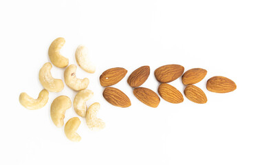 peanuts and almond nuts isolated on white background
