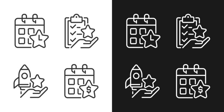 Employee bonus program pixel perfect linear icons set for dark, light mode. Workplace incentive. Time off reward. Thin line symbols for night, day theme. Isolated illustrations. Editable stroke