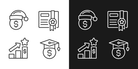 Paying bonuses to employees pixel perfect linear icons set for dark, light mode. Holiday premium pay. Certificate. Thin line symbols for night, day theme. Isolated illustrations. Editable stroke