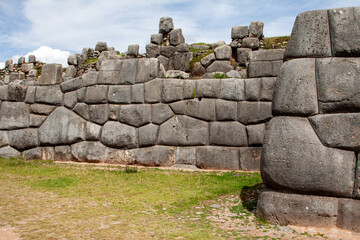 Saqsaywaman Inca archaeological site with large stone walls in Cusco, Peru