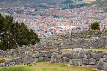 Saqsaywaman Inca archaeological site with large stone walls in Cusco, Peru