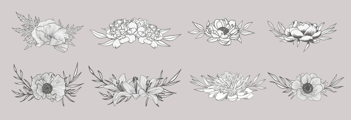 Sketch Floral Botany set. Variety flower and leaf. Black and white with line art
