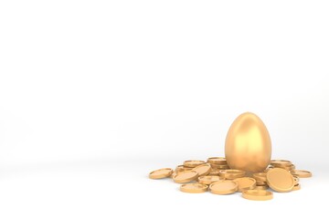 Gold egg with coins isolated on white background.